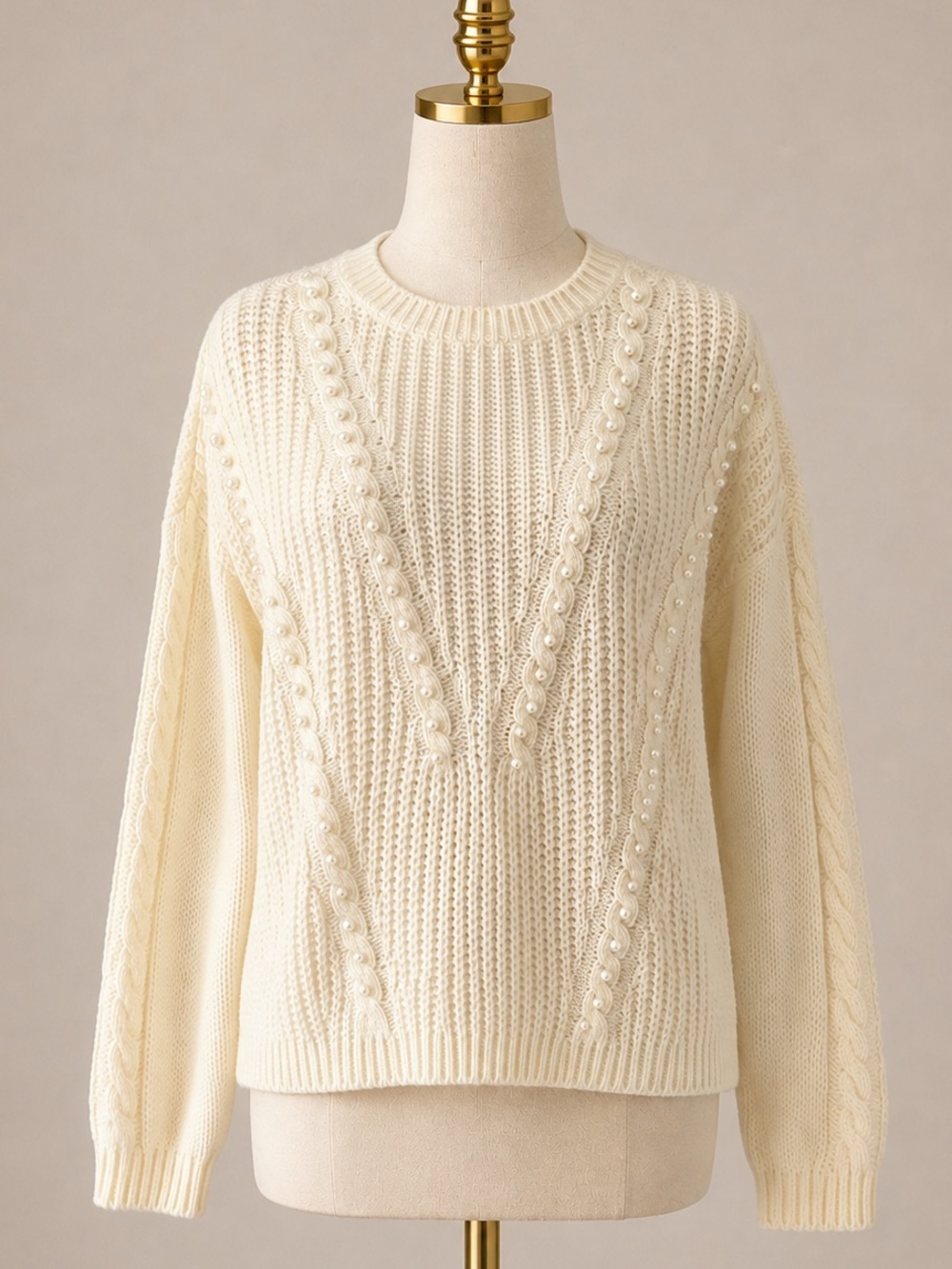 SALE 3/$20 Suzy Shier Cream Pearl-Embellished Ribbed Crew Sweater